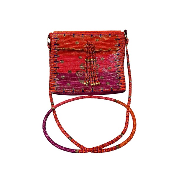 Vintage Boho Colorful Beaded Fringe Evening Cocktail Bag Flap Crossbody - Picture 2 of 7